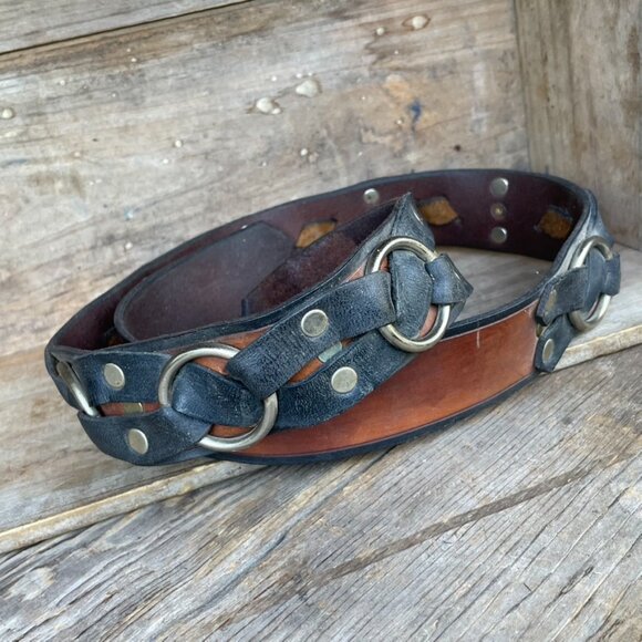 Vintage Biker Motorcycle Belt Leather Strap Black /  Brown with Rings & Rivets - Picture 13 of 14